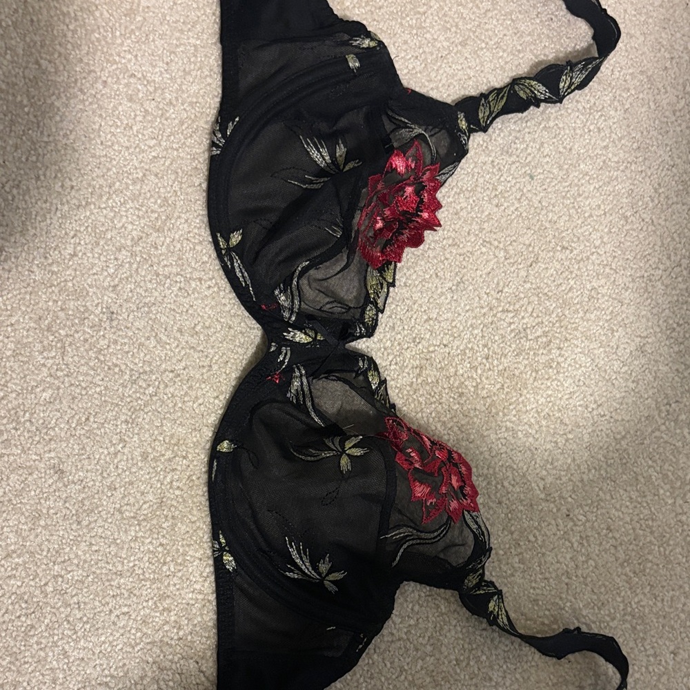 Simone Perele Black Bra with Red Floral Embroidery.  Made in France